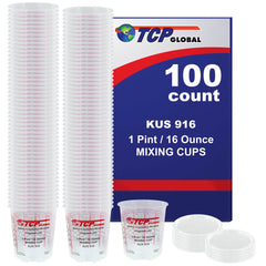 Box of 100 - Mix Cups - Pint size - 16 ounce Volume Paint and Epoxy Mixing Cups - Mix Cups Are Calibrated with Multiple Mixing Ratios - Includes 12 Bonus Lids