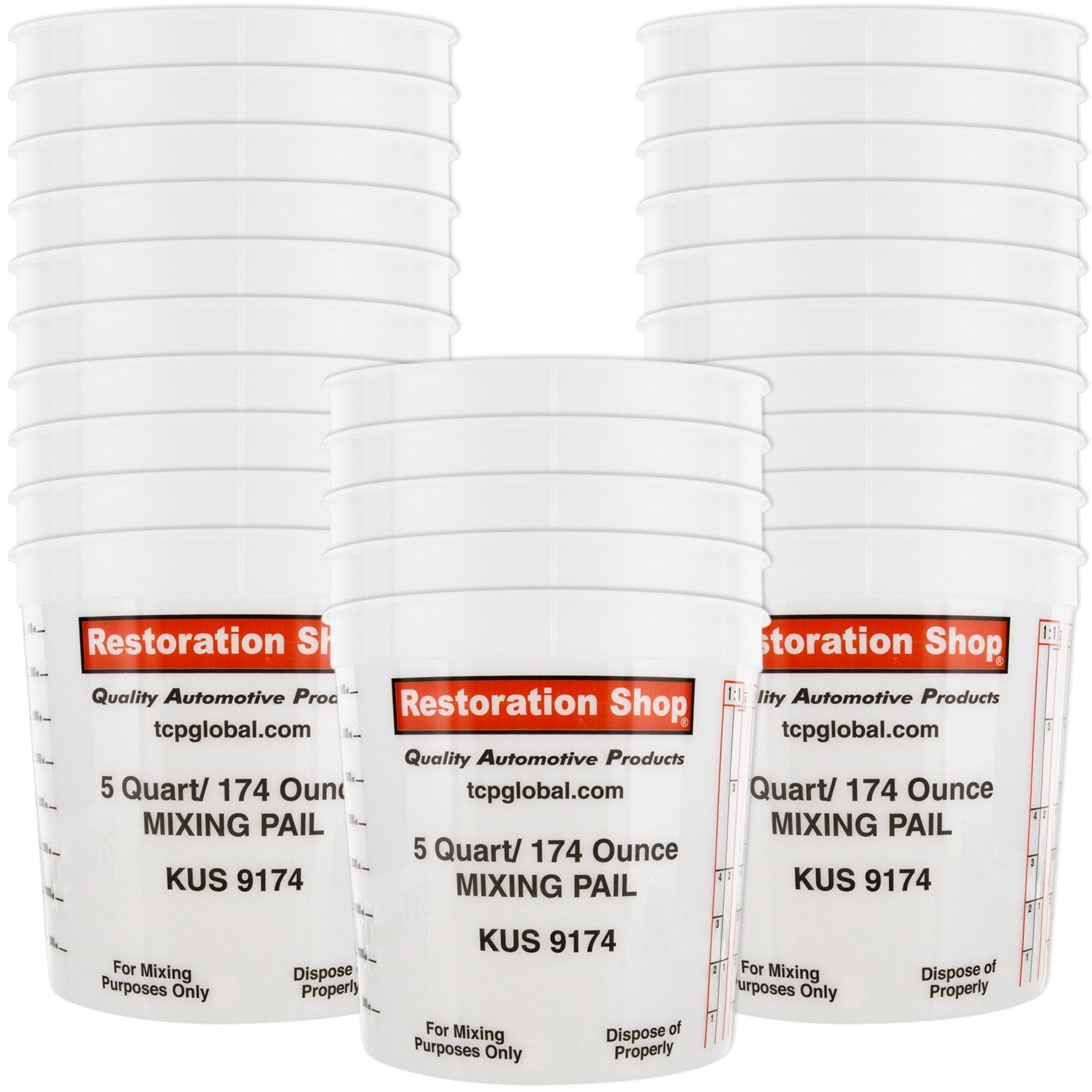 Pack of 25 - Mix Cups - 5 Quart size - 174 ounce Volume Paint and Epoxy Mixing Cups - Mix Cups Are Calibrated with Multiple Mixing Ratios