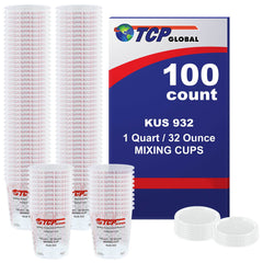 Box of 100 - Mix Cups - Quart size - 32 ounce Volume Paint and Epoxy Mixing Cups - Mix Cups Are Calibrated with Multiple Mixing Ratios - Includes 12 Bonus Lids