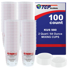 Box of 100 - Mix Cups - Half Gallon size - 64 ounce Volume Paint and Epoxy Mixing Cups - Mix Cups Are Calibrated with Multiple Mixing Ratios - Includes 12 Bonus Lids